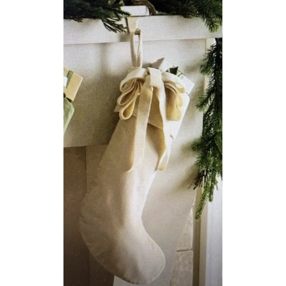 Threshold Studio McGee Christmas Stocking Cream Light Tan Velvet Ribbons Bow NWT